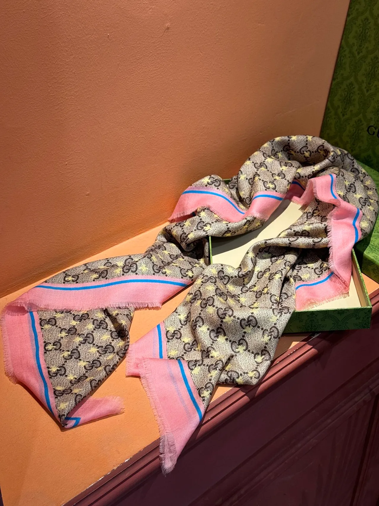 Gucci Rose Beige GG Monogram Print Fringed Border Silk Scarf 8