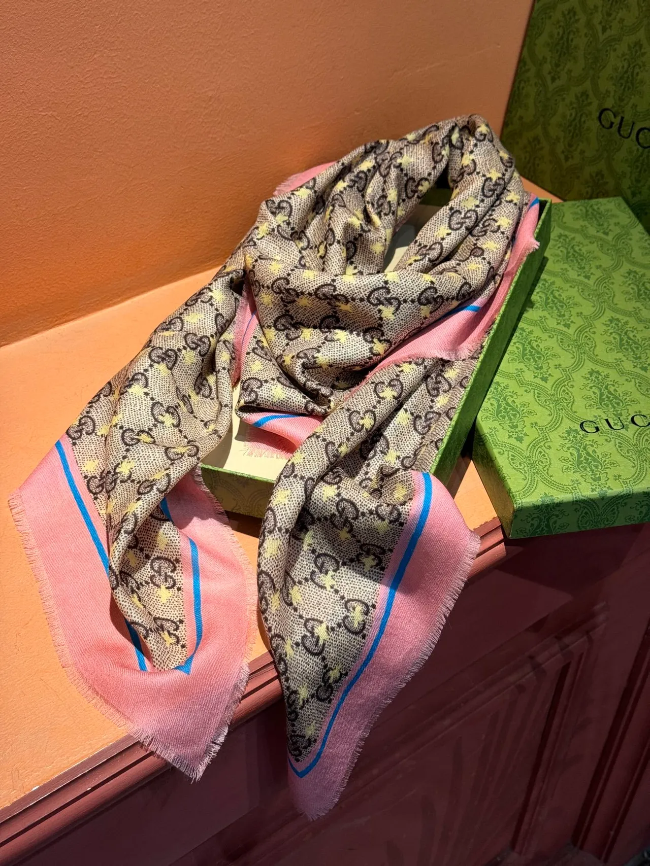 Gucci Rose Beige GG Monogram Print Fringed Border Silk Scarf 9