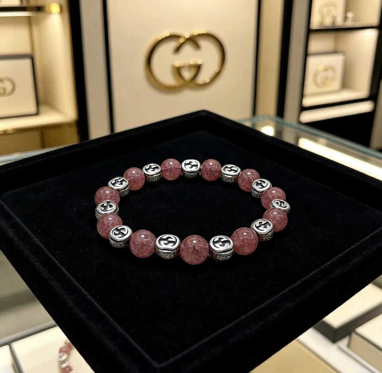 Gucci Pink Silver Beaded Double-G Charm Bracelet 3
