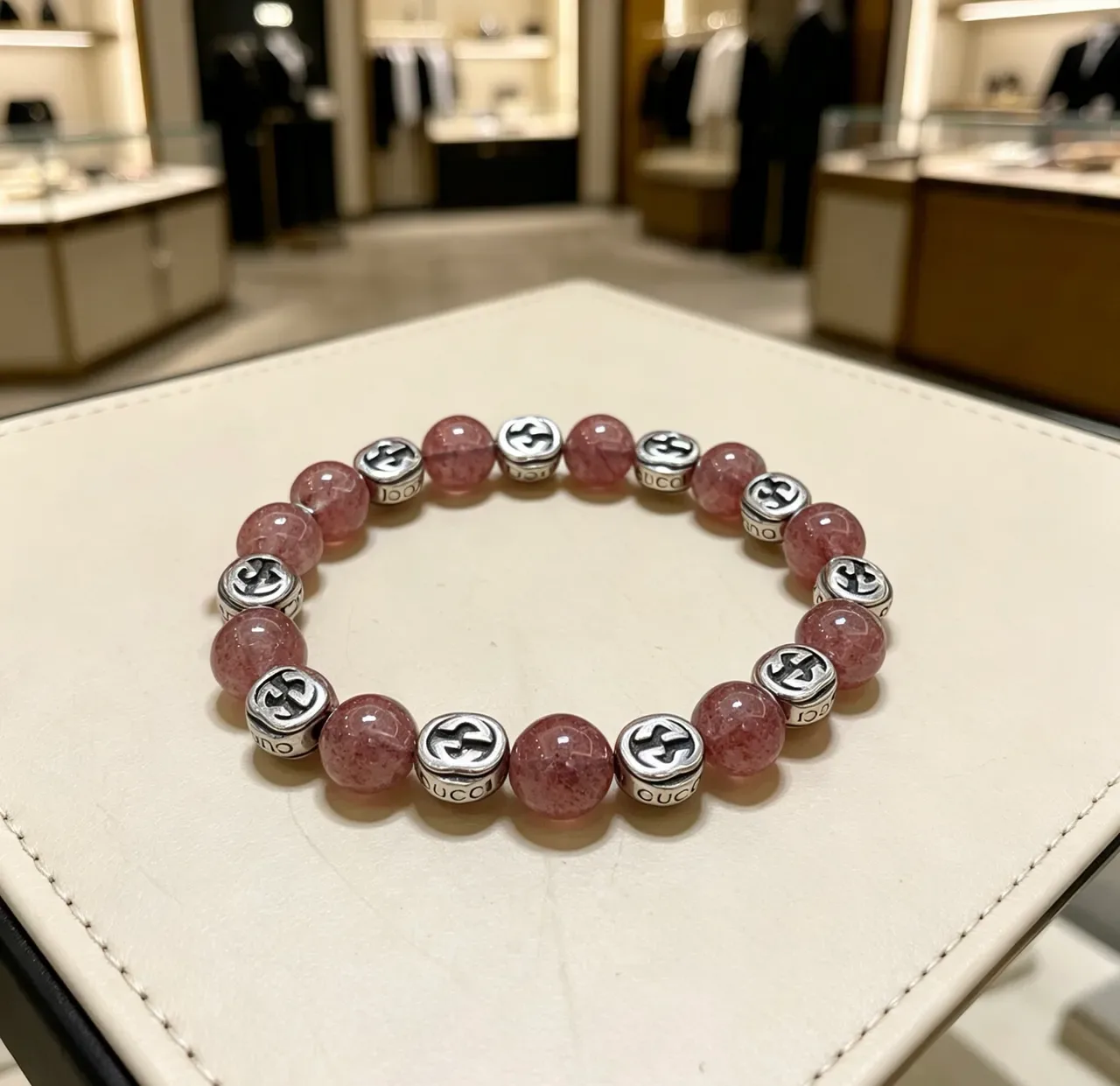 Gucci Pink Silver Beaded Double-G Charm Bracelet 4