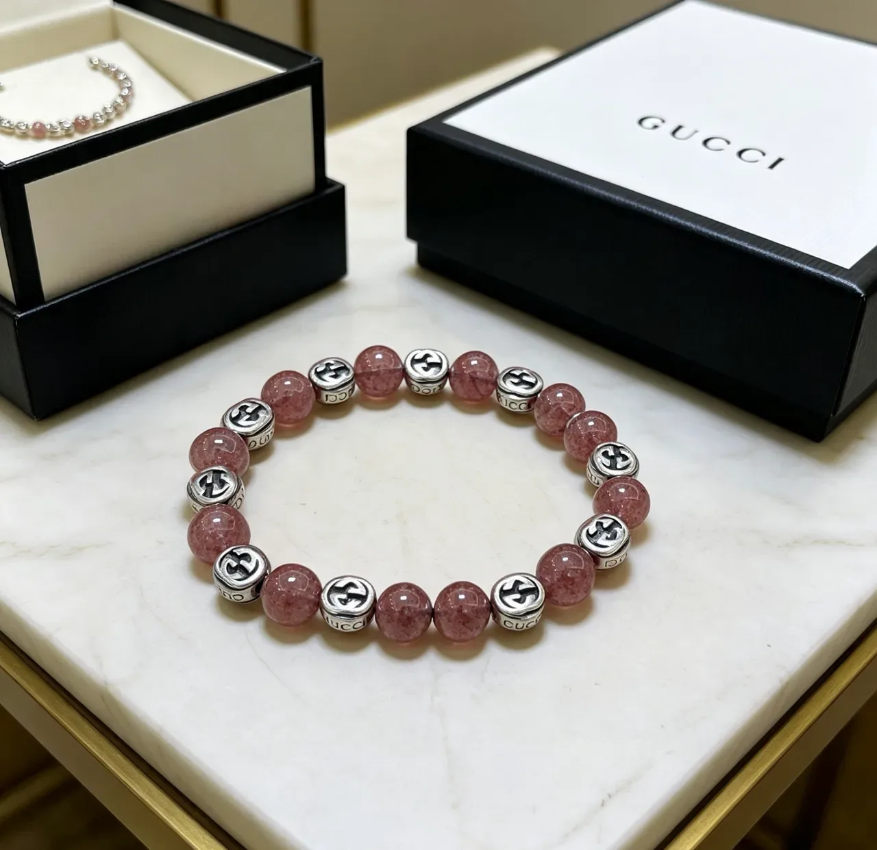 Gucci Pink Silver Beaded Double-G Charm Bracelet 6