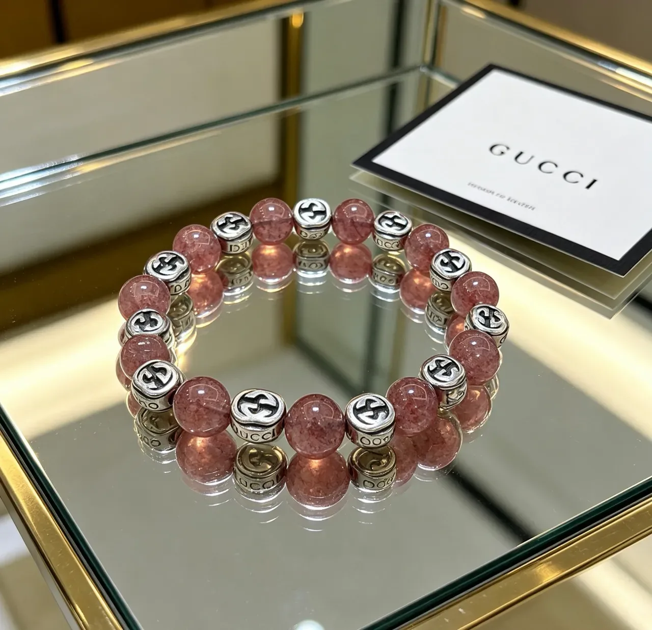 Gucci Pink Silver Beaded Double-G Charm Bracelet 7