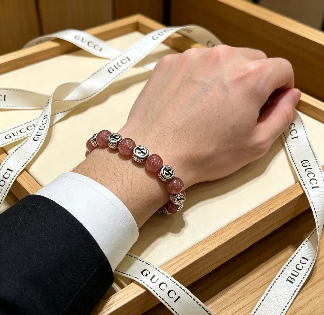 Gucci Pink Silver Beaded Double-G Charm Bracelet 8