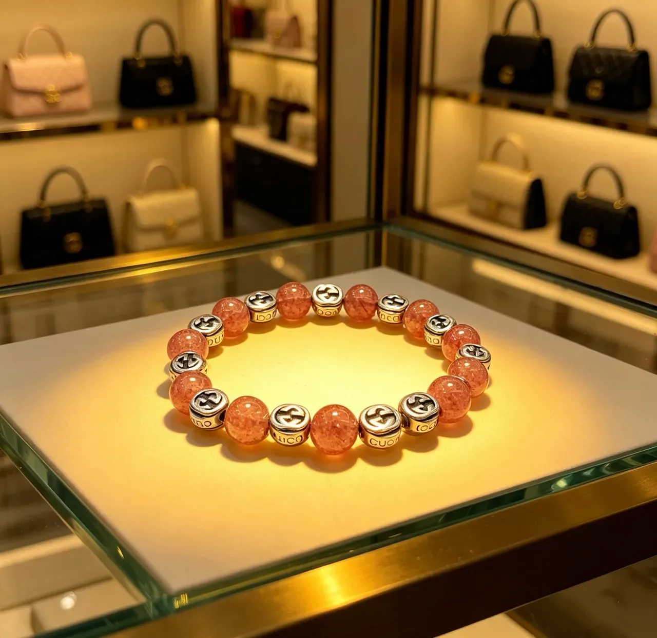 Gucci Pink Silver Beaded Double-G Charm Bracelet 9
