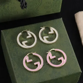 Gucci Pink White Interlocking G Logo Enamel-Filled Hoops Earrings