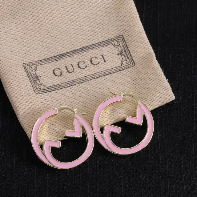 Gucci Pink White Interlocking G Logo Enamel-Filled Hoops Earrings 4