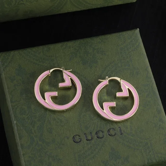 Gucci Pink White Interlocking G Logo Enamel-Filled Hoops Earrings 5