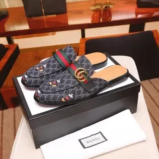 Gucci Princetown Black Multicolor GG Monogram Canvas Web Stripe Strap Casual Shoes