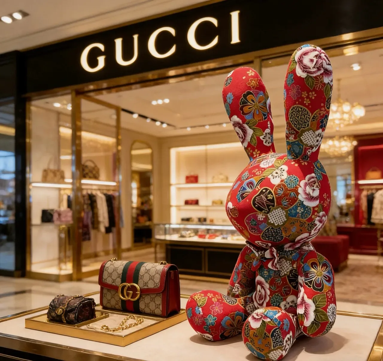 Gucci Red Multicolor Plush Stuffed Rabbit Floral Patchwork Print Handbag 2