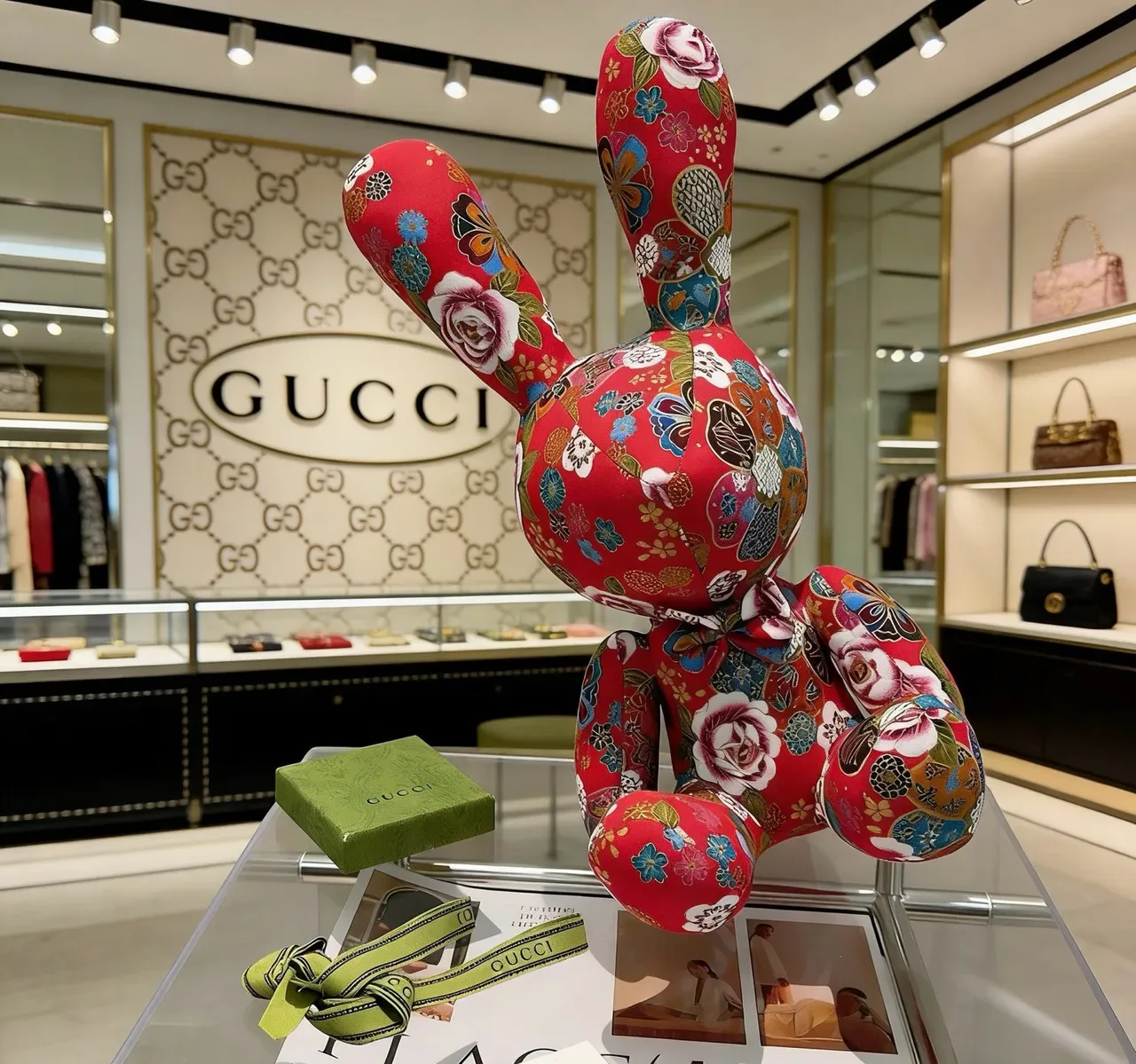 Gucci Red Multicolor Plush Stuffed Rabbit Floral Patchwork Print Handbag 3