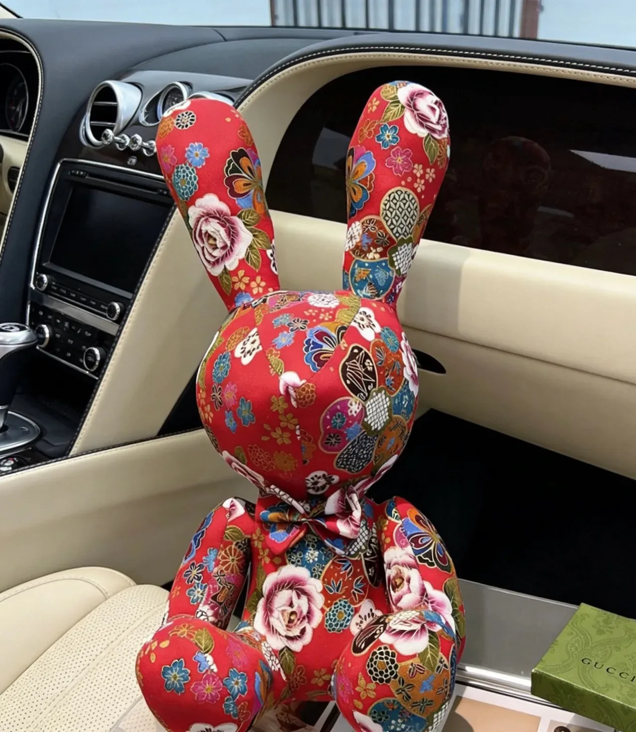 Gucci Red Multicolor Plush Stuffed Rabbit Floral Patchwork Print Handbag 8
