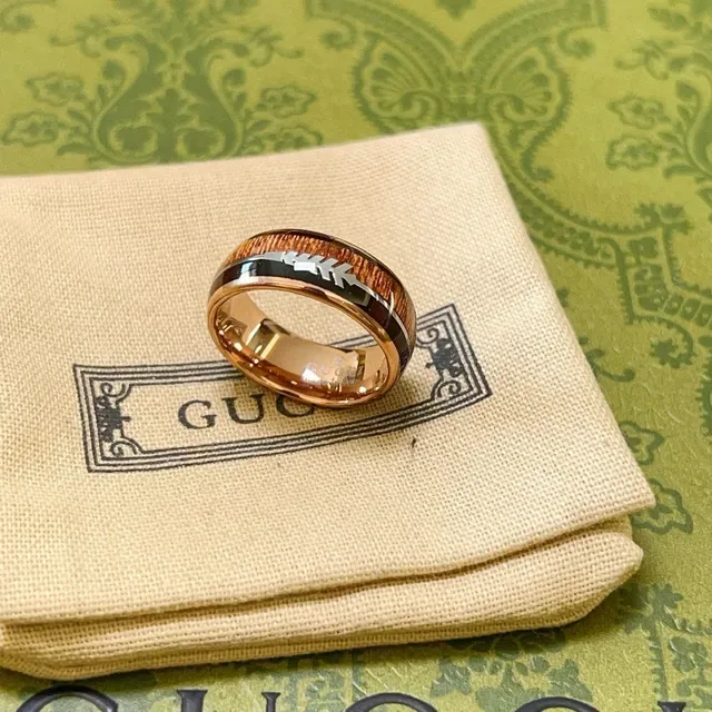 Gucci Rose Gold Wood Inlay Multi-Stripe Ring 8