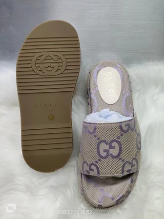 Gucci Screener Beige and Purple GG Monogram Canvas Slippers 2