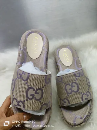 Gucci Screener Beige and Purple GG Monogram Canvas Slippers 3