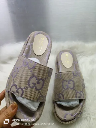 Gucci Screener Beige and Purple GG Monogram Canvas Slippers 5