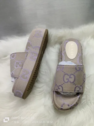 Gucci Screener Beige and Purple GG Monogram Canvas Slippers 6
