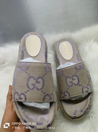 Gucci Screener Beige and Purple GG Monogram Canvas Slippers 7
