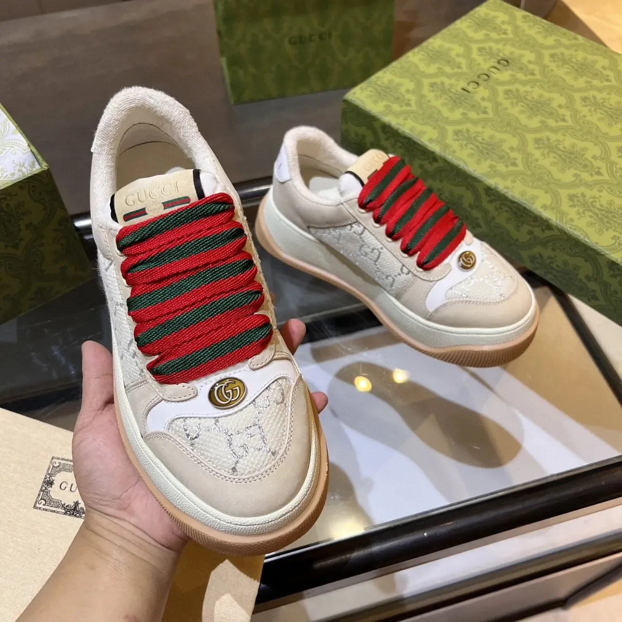 Gucci Screener Beige GG Monogram Web Stripe Lifestyle Sneakers 2