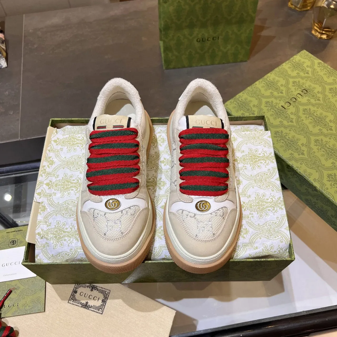 Gucci Screener Beige GG Monogram Web Stripe Lifestyle Sneakers 3