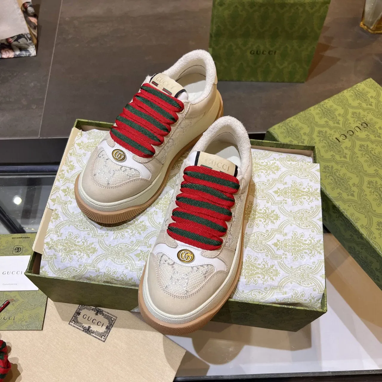 Gucci Screener Beige GG Monogram Web Stripe Lifestyle Sneakers 4