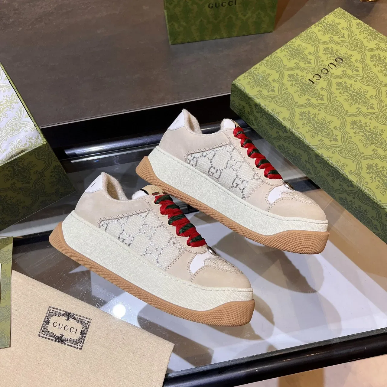 Gucci Screener Beige GG Monogram Web Stripe Lifestyle Sneakers 5