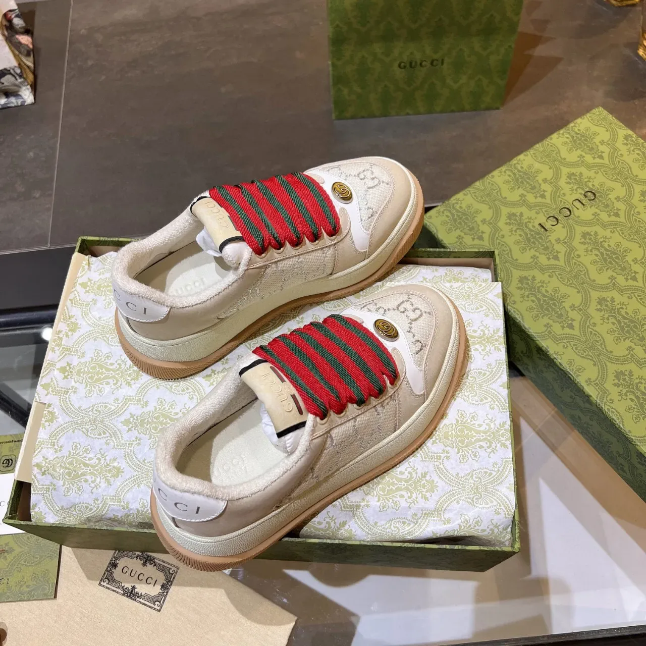 Gucci Screener Beige GG Monogram Web Stripe Lifestyle Sneakers 6