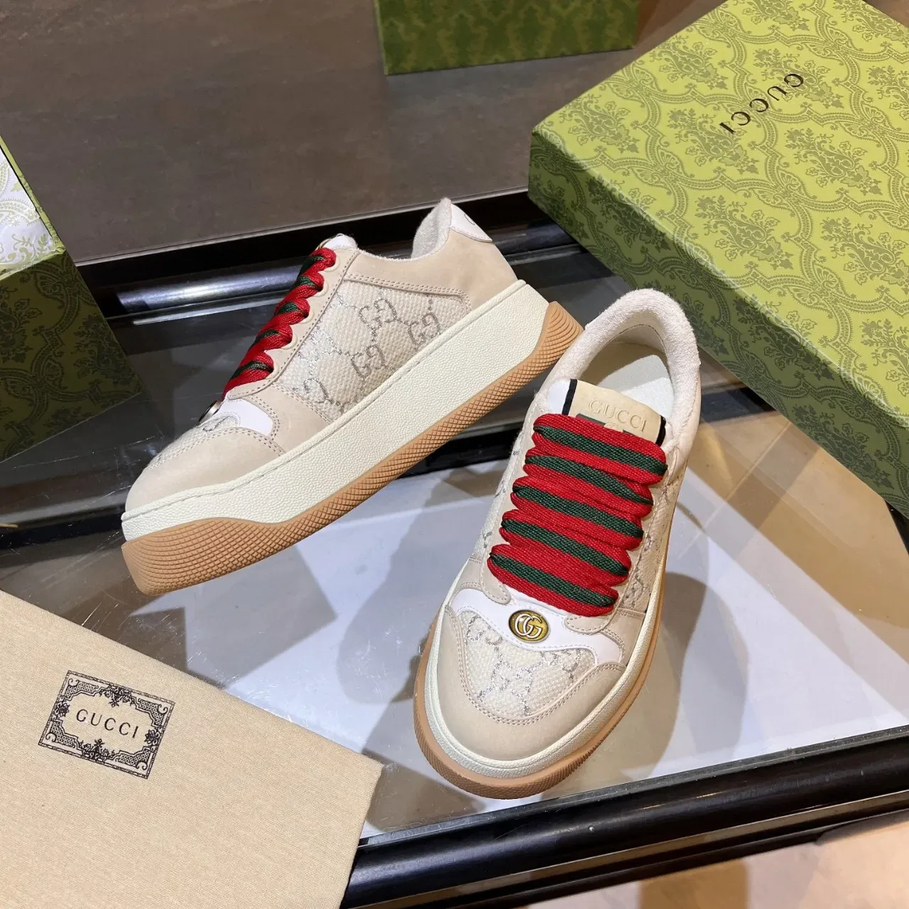 Gucci Screener Beige GG Monogram Web Stripe Lifestyle Sneakers 8