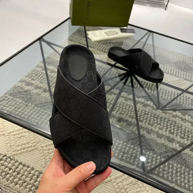 Gucci Screener Black GG Monogram Fabric Cross-Strap Slippers 3