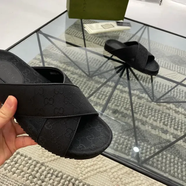 Gucci Screener Black GG Monogram Fabric Cross-Strap Slippers 4