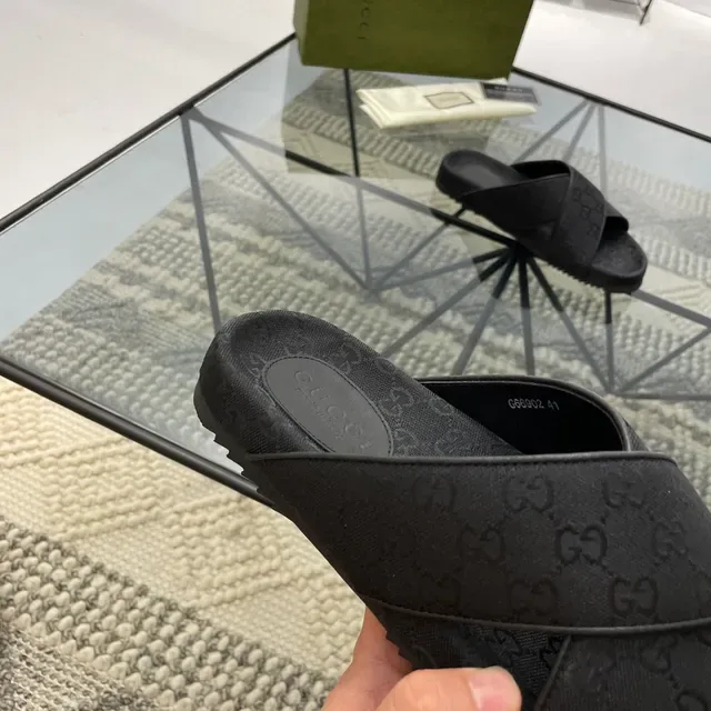 Gucci Screener Black GG Monogram Fabric Cross-Strap Slippers 5