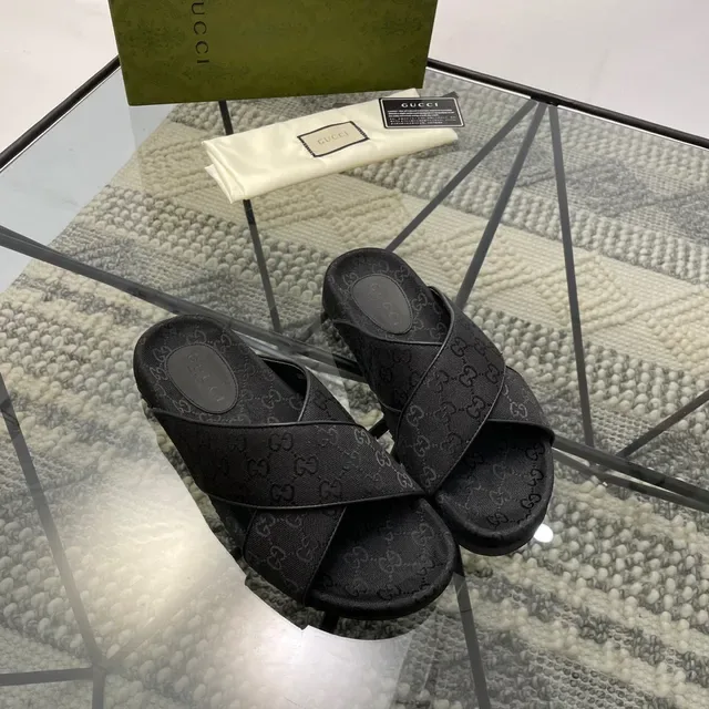 Gucci Screener Black GG Monogram Fabric Cross-Strap Slippers 6