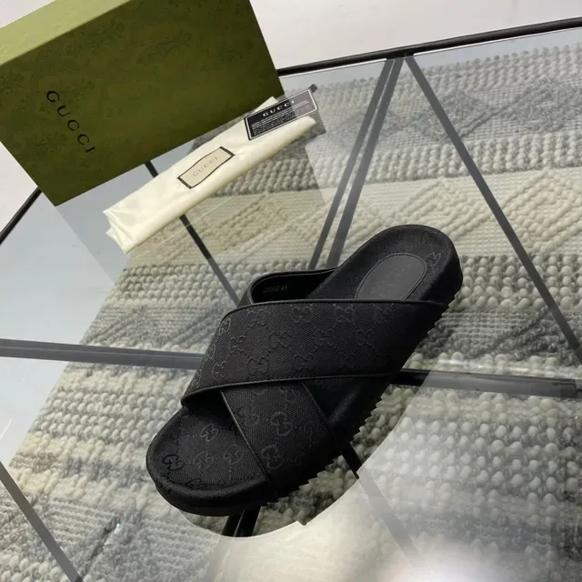 Gucci Screener Black GG Monogram Fabric Cross-Strap Slippers 7