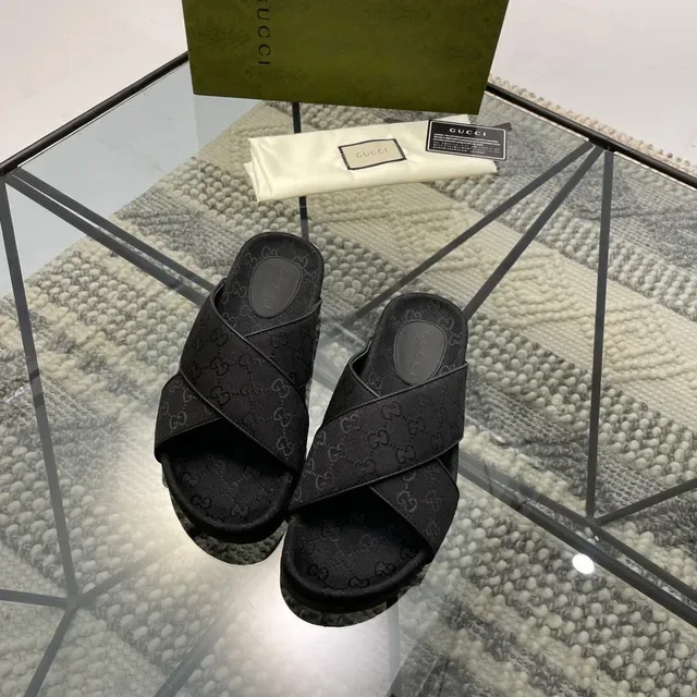 Gucci Screener Black GG Monogram Fabric Cross-Strap Slippers 9