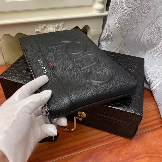 Gucci Screener Black Pebbled Leather Envelope Clutch 6