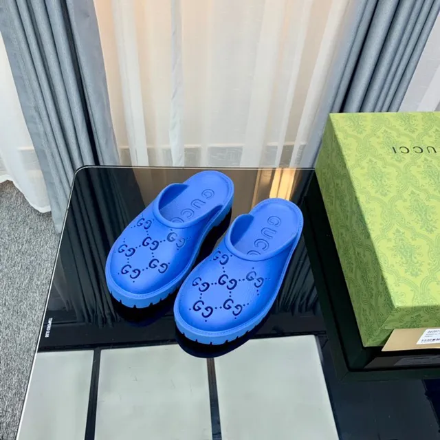 Gucci Screener Blue Interlocking G Monogram Slippers 9