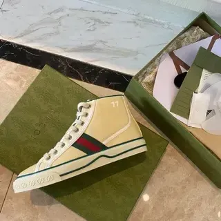 Gucci Screener Cream Canvas Web Stripe High-Top Lifestyle Sneakers
