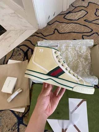 Gucci Screener Cream Canvas Web Stripe High-Top Lifestyle Sneakers 3