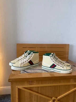 Gucci Screener Cream Canvas Web Stripe High-Top Lifestyle Sneakers 4