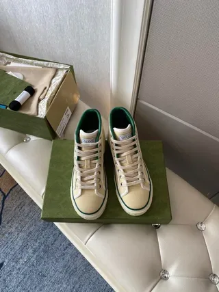 Gucci Screener Cream Canvas Web Stripe High-Top Lifestyle Sneakers 5