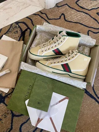 Gucci Screener Cream Canvas Web Stripe High-Top Lifestyle Sneakers 6