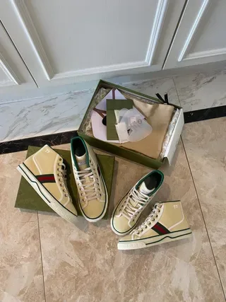 Gucci Screener Cream Canvas Web Stripe High-Top Lifestyle Sneakers 8