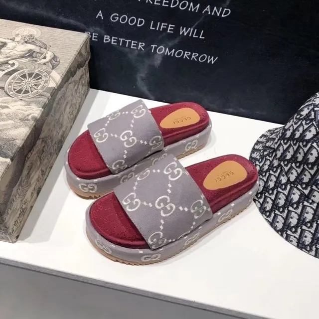 Gucci Screener Gray and Red Monogram Platform Slippers 3