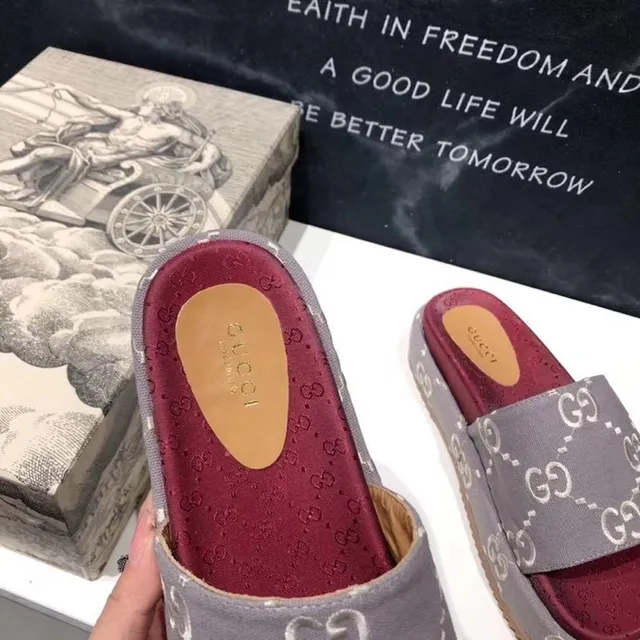 Gucci Screener Gray and Red Monogram Platform Slippers 5