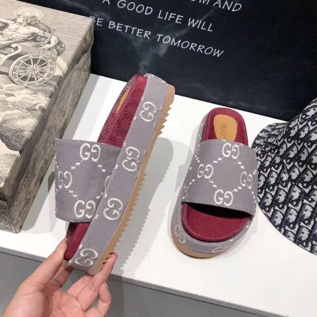 Gucci Screener Gray and Red Monogram Platform Slippers 7