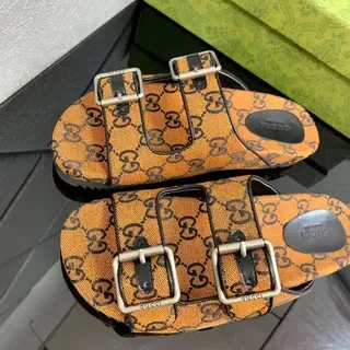 Gucci Screener Orange Monogram Double-Buckle Slide Slippers