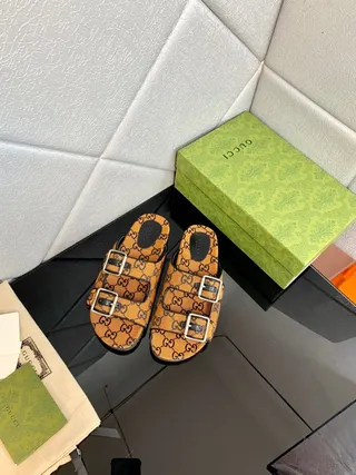 Gucci Screener Orange Monogram Double-Buckle Slide Slippers 7