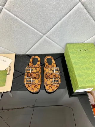 Gucci Screener Orange Monogram Double-Buckle Slide Slippers 8