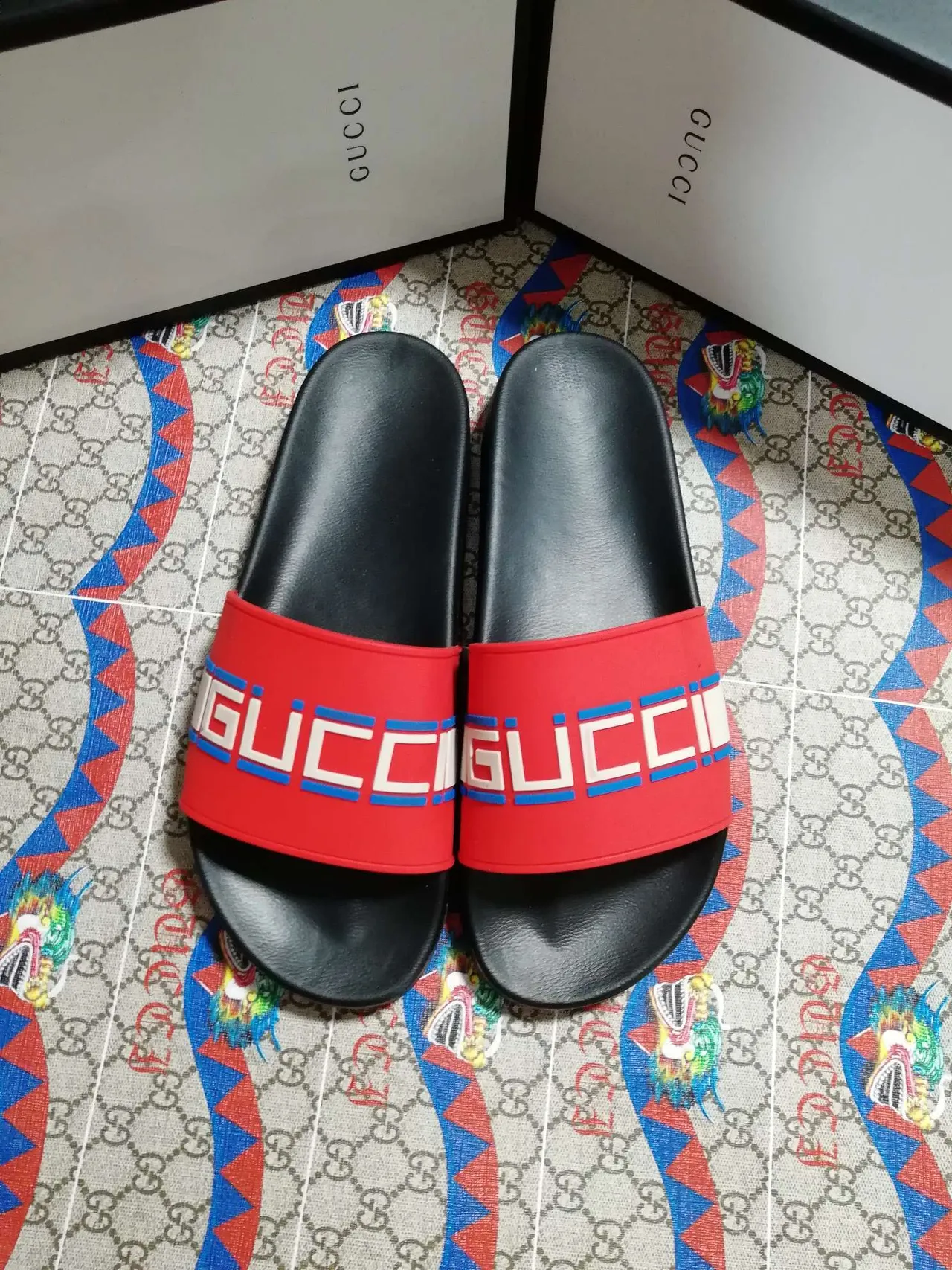 Gucci Screener Red and Black Logo Strap Slippers 2