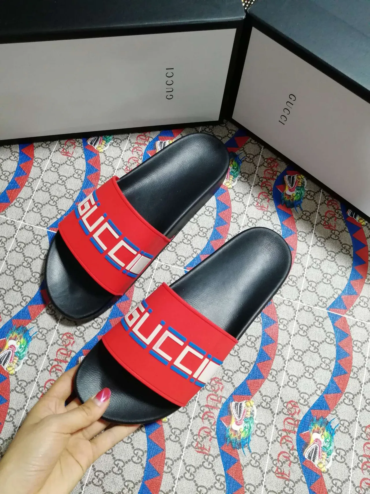 Gucci Screener Red and Black Logo Strap Slippers 3