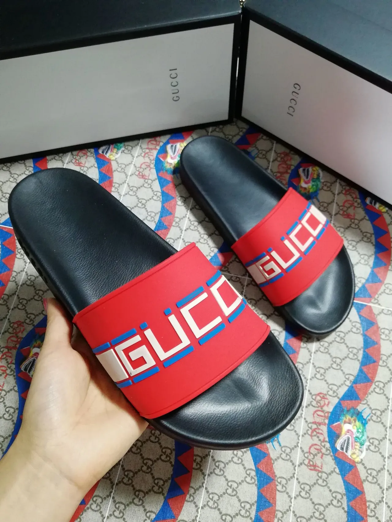 Gucci Screener Red and Black Logo Strap Slippers 4